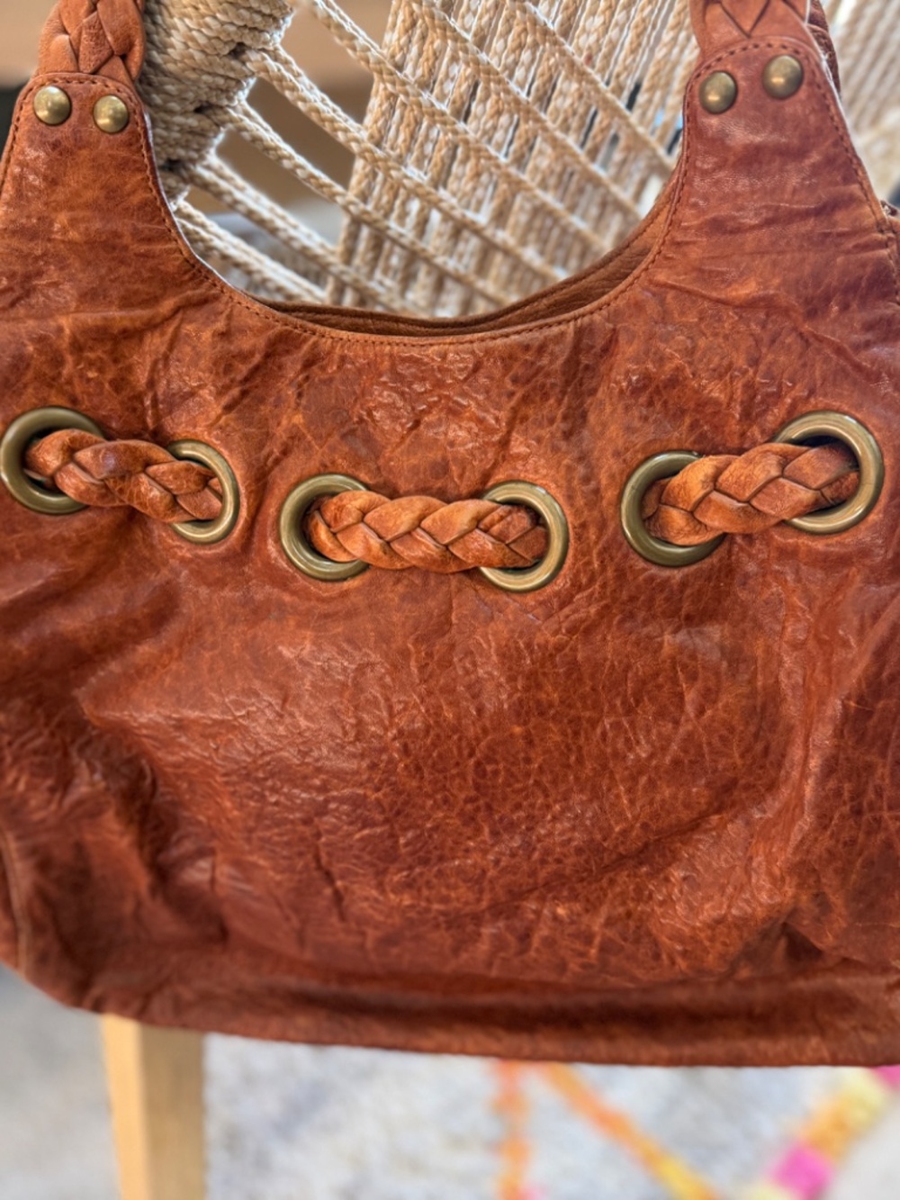 Kooba “Carla” light brown leather shoulder bag w/braiding detail & side pockets - Picture 8 of 12